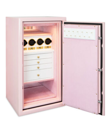 Princess - Amethyst Watch and Jewelry Safe in Precious Pink, Satin Gold Hardware, 4 Wolf 1834 Watch Winders, 4 Whitewood Drawers, Necklace Rack