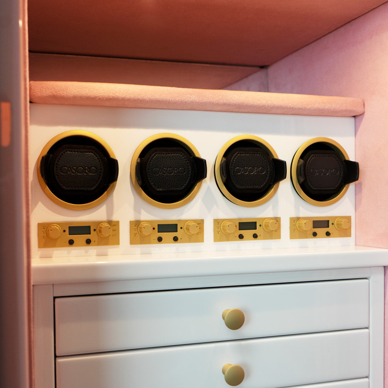 Watch Winders of Princess - Amethyst Watch and Jewelry Safe in Precious Pink, Satin Gold Hardware, 4 Wolf 1834 Watch Winders, 4 Whitewood Drawers, Necklace Rack