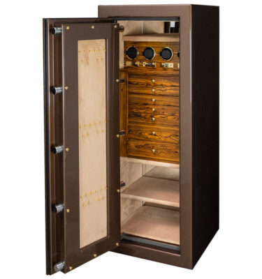 Emerald in Chocolate Metallic with Brass Hardware, Camel Microsuede, 7 Drawers in Bocote, 4 Watch Winders, Necklace Panel