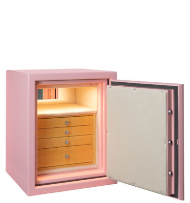 Sapphire Jewelry Safe in Precious Pink and Chrome with High Gloss Birdseye Maple, Diamond Knobs, Champagne Microsuede