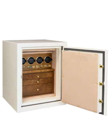 Sapphire in Warm Cream and Brass with 4 Programmable Watch Winders, 3 Walnut Jewelry Drawers and Camel Microsuede
