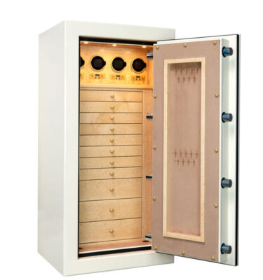 Brie - Petite Emerald in Warm Cream with 4 Programmable Watch Winders, 11 Birdseye Maple Jewelry Drawers, Necklace Panel