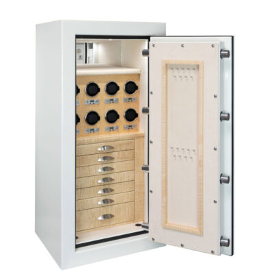 Chantilly - Petite Emerald (RSCII) Jewelry Safe in Alabaster with 8 Programmable Watch Winders, Curly Maple Interior, 7 Jewelry Drawers, Necklace Storage