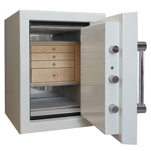 Sapphire TL-30 in Alabaster, Chrome Hardware, Silver Mist Microsuede, 4 Curly Maple Drawers
