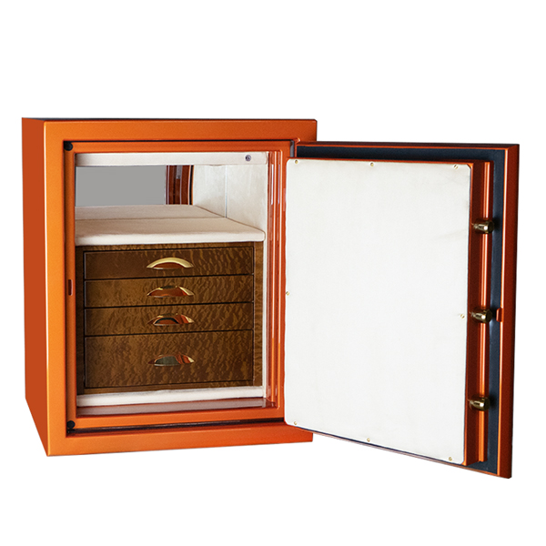Sapphire Jewelry Safe in Burnt-Orange with Brass handles, Champagne fabric, Sepele wood, 4 Drawers, LED lights