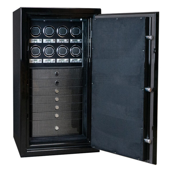 Denali Watch Safe in Onyx, Chrome, Carbon Fiber, Push-To-Open Drawers, 8 Programmable Watch Winders
